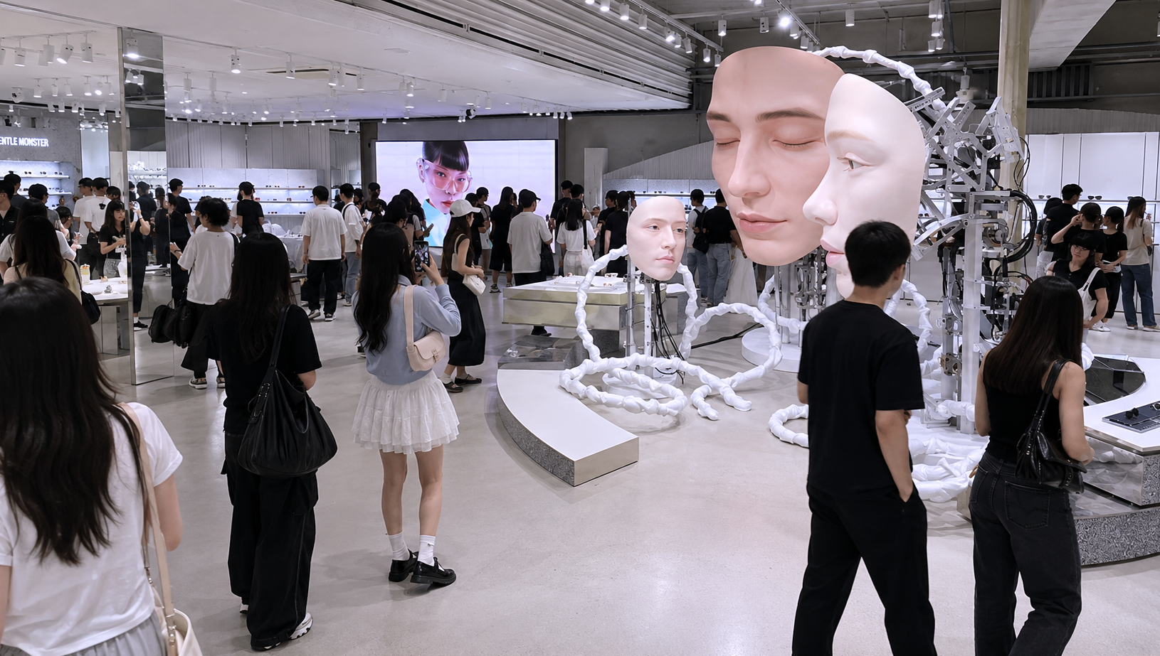 젠틀몬스터 매장 내부의 미래주의 디자인 오브제와 디스플레이 레이아웃